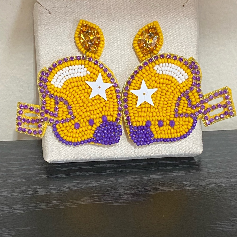 💜💛Game Day Beaded Rhinestone Helmet Earrings LSU